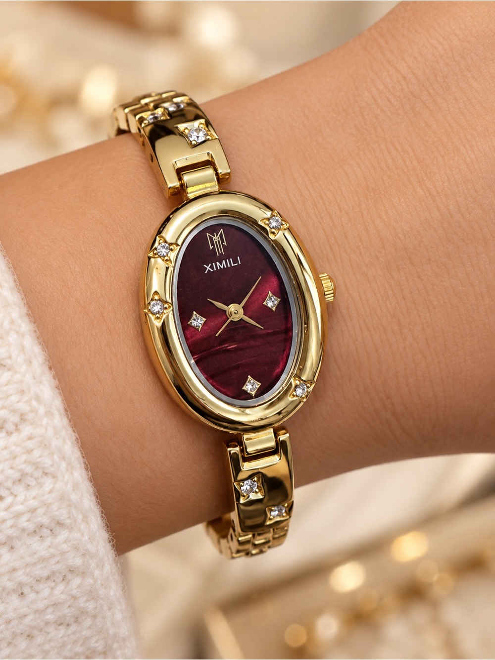Fifiβs Ruby Fortune | Gold Tone Burgundy Oval Bracelet Watch